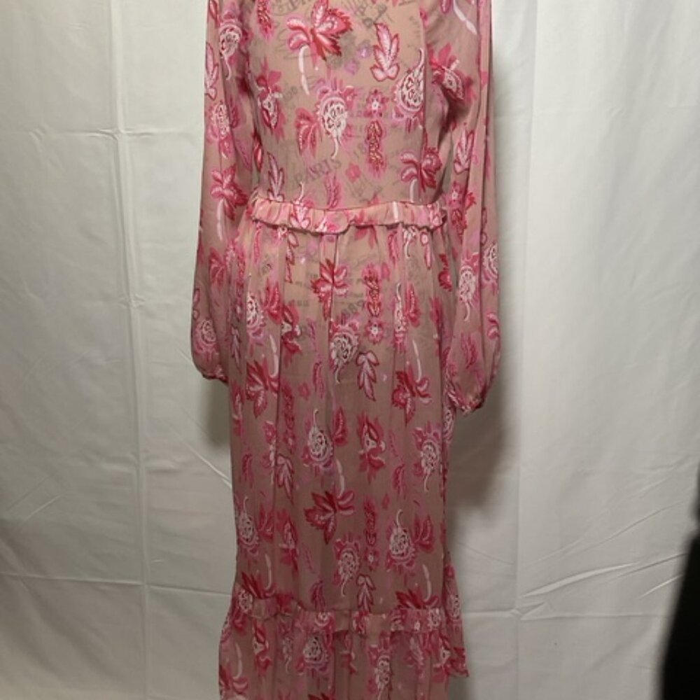 on twelfth Pink Floral Print Multi Use Open Front, Tie String, Cover Up. Size S - Picture 7 of 7
